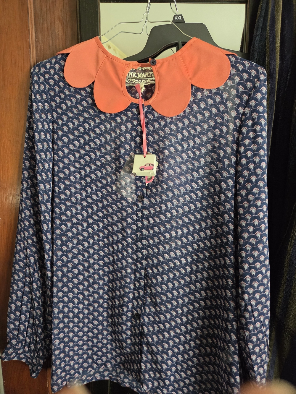 Pink Martini Navy Blue Printed Skirt with Coral Pink Scalloped Waist